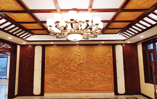 巴宜中式别墅客厅中式木作横梁吊顶装饰展示